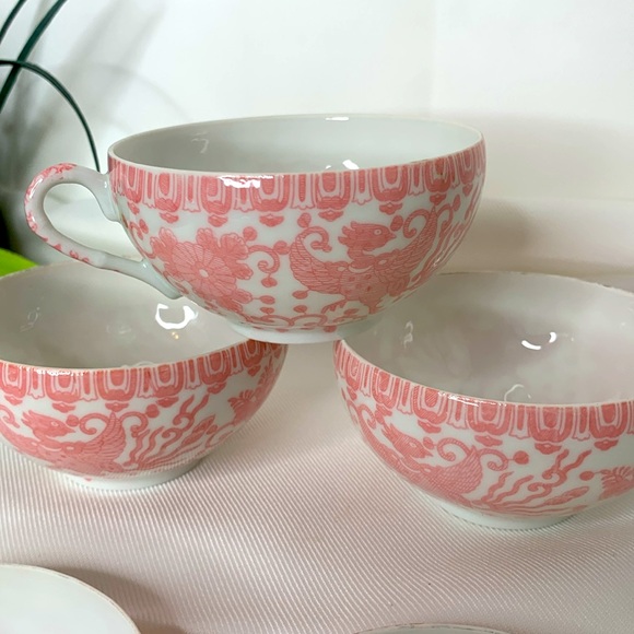 Set of 5 rare Vintage occupied Japan Pheonix bird pink & white porcelain teacups - Picture 7 of 8